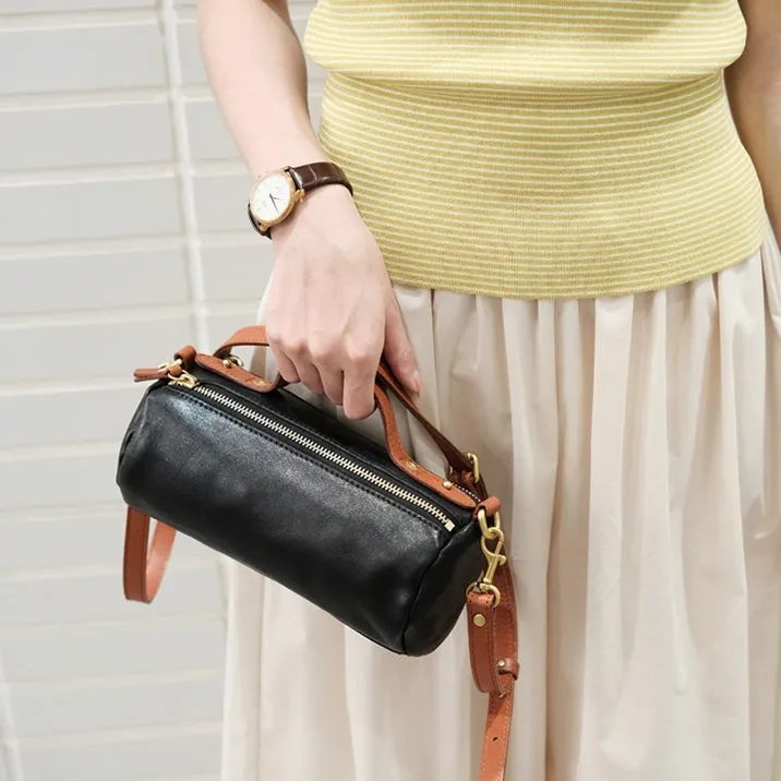 Small Ladies Barrel Bag Leather Over The Shoulder Bag Leather Crossbody Purse