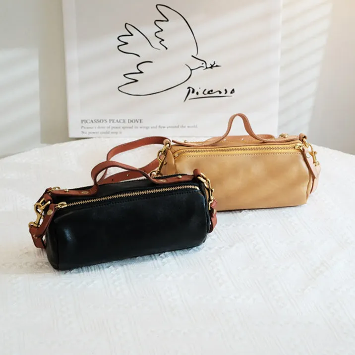 Small Ladies Barrel Bag Leather Over The Shoulder Bag Leather Crossbody Purse